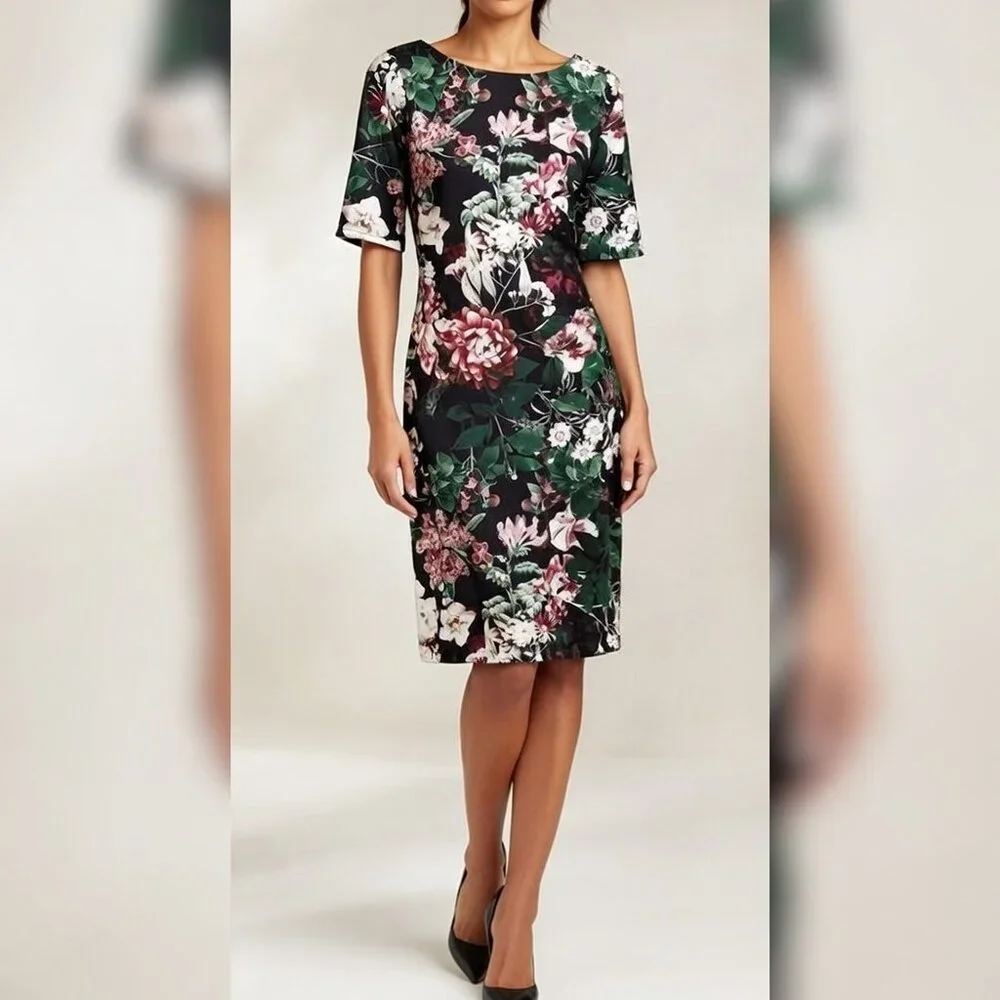 Calvin Klein Floral Scuba Sheath Dress 10 Black Pink Wedding Guest Midi